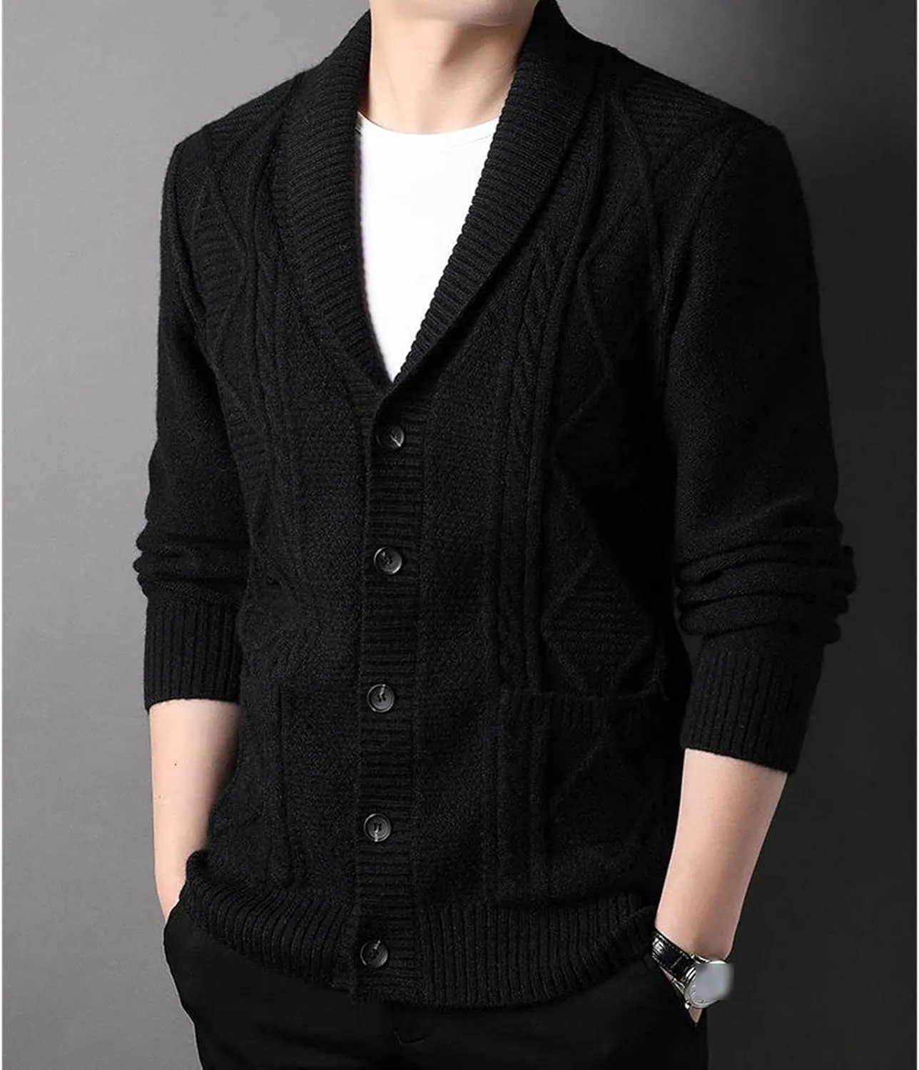 JEsilunmaMY Mens Casual Business Cardigan Sweaters Long Sleeve Shawl Collar Cable Knit Coats Button Down Loose Knitwear