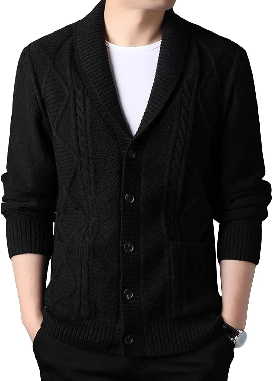 JEsilunmaMY Mens Casual Business Cardigan Sweaters Long Sleeve Shawl Collar Cable Knit Coats Button Down Loose Knitwear