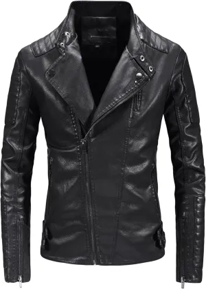 JEsilunmaMY Men's Notch Collar Moto Biker Coat Slim Fit Motorcycle PU Leather Jacket Fall Winter Casual Windproof Outwear