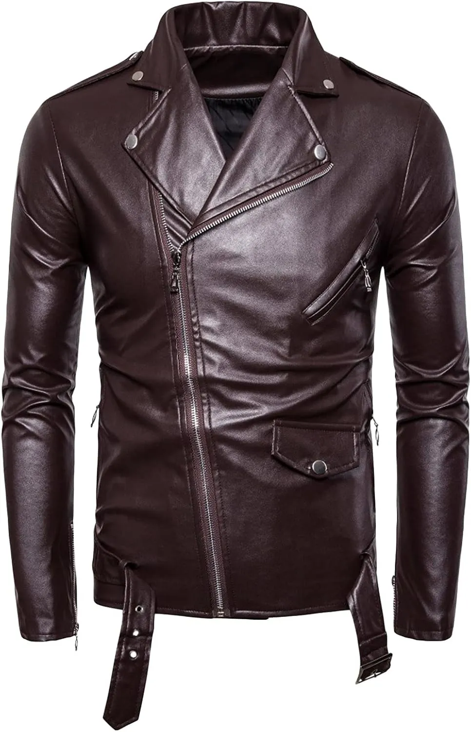 JEsilunmaMY Men's Slimming Motorcycle Jackets Asymmetric Zip Lapel Belt Leather Jackets Fashion Casual Moto Biker Bomber Coat