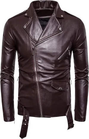JEsilunmaMY Men's Slimming Motorcycle Jackets Asymmetric Zip Lapel Belt Leather Jackets Fashion Casual Moto Biker Bomber Coat