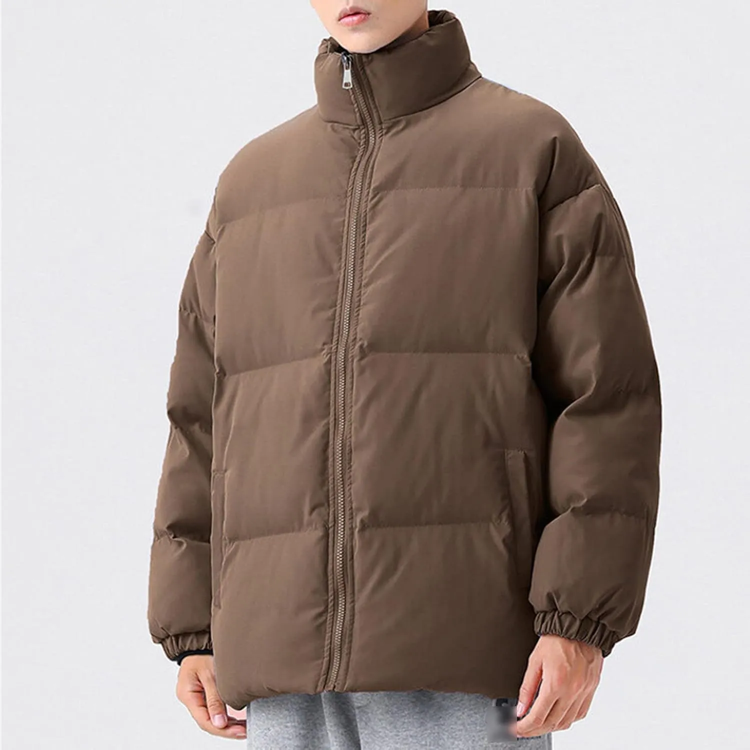JEsilunmaMY Men's Stand Collar Warm Padded Jacket Full Zip Winter Thicken Cotton Down Coat Solid Color Loose Puffer Jacket