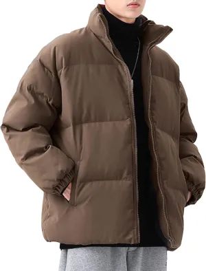 JEsilunmaMY Men's Stand Collar Warm Padded Jacket Full Zip Winter Thicken Cotton Down Coat Solid Color Loose Puffer Jacket