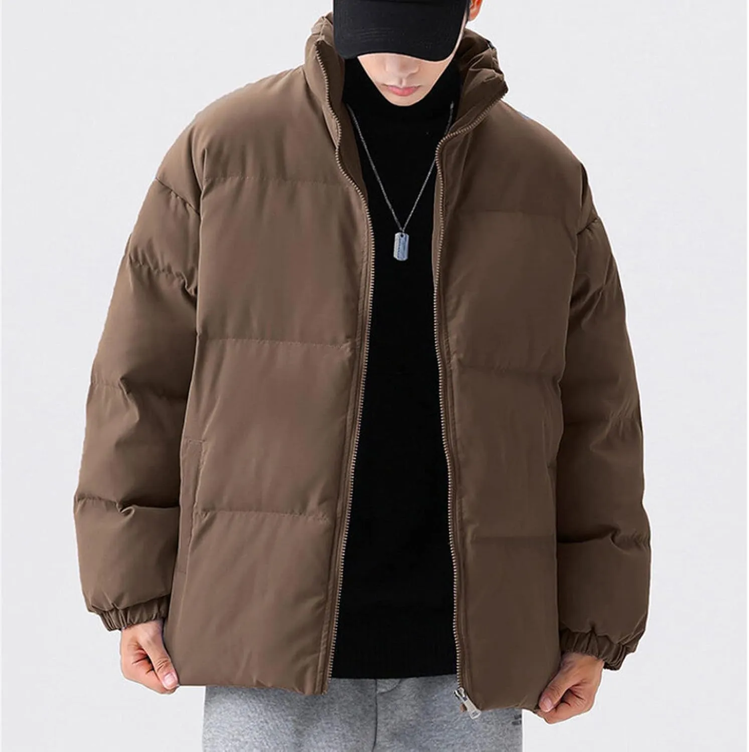 JEsilunmaMY Men's Stand Collar Warm Padded Jacket Full Zip Winter Thicken Cotton Down Coat Solid Color Loose Puffer Jacket