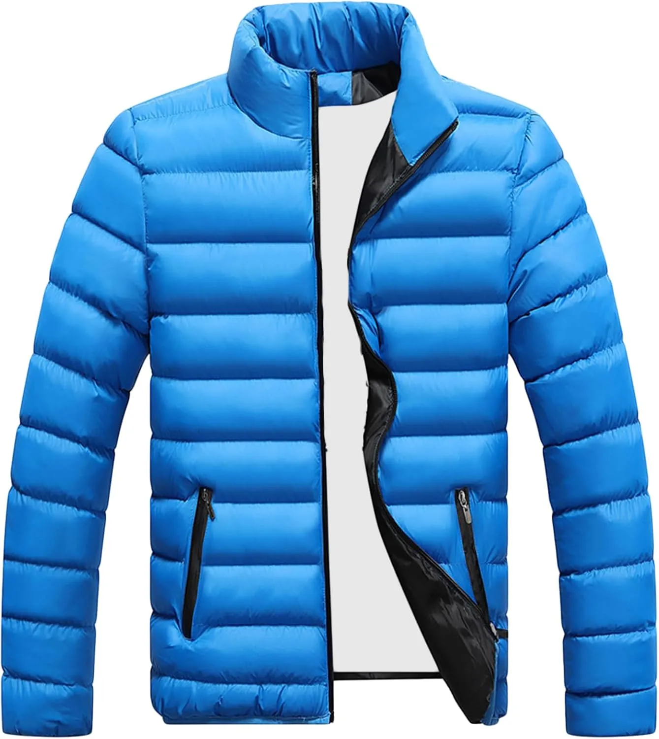 JEsilunmaMY Slim Winter Down Jacket for Men Full Zip Stand Collar Warm Puffer Coats Solid Color Windproof Padded Outwear
