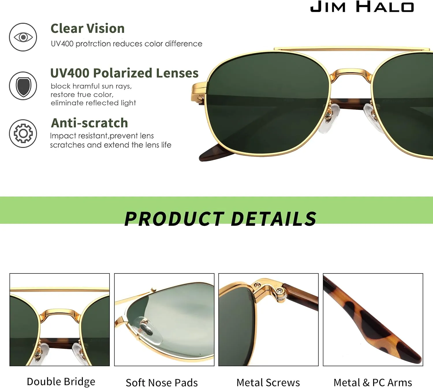 JIM HALO Retro Square Aviator Sunglasses Premium Glass Lens Flat Metal Eyewear Men Women