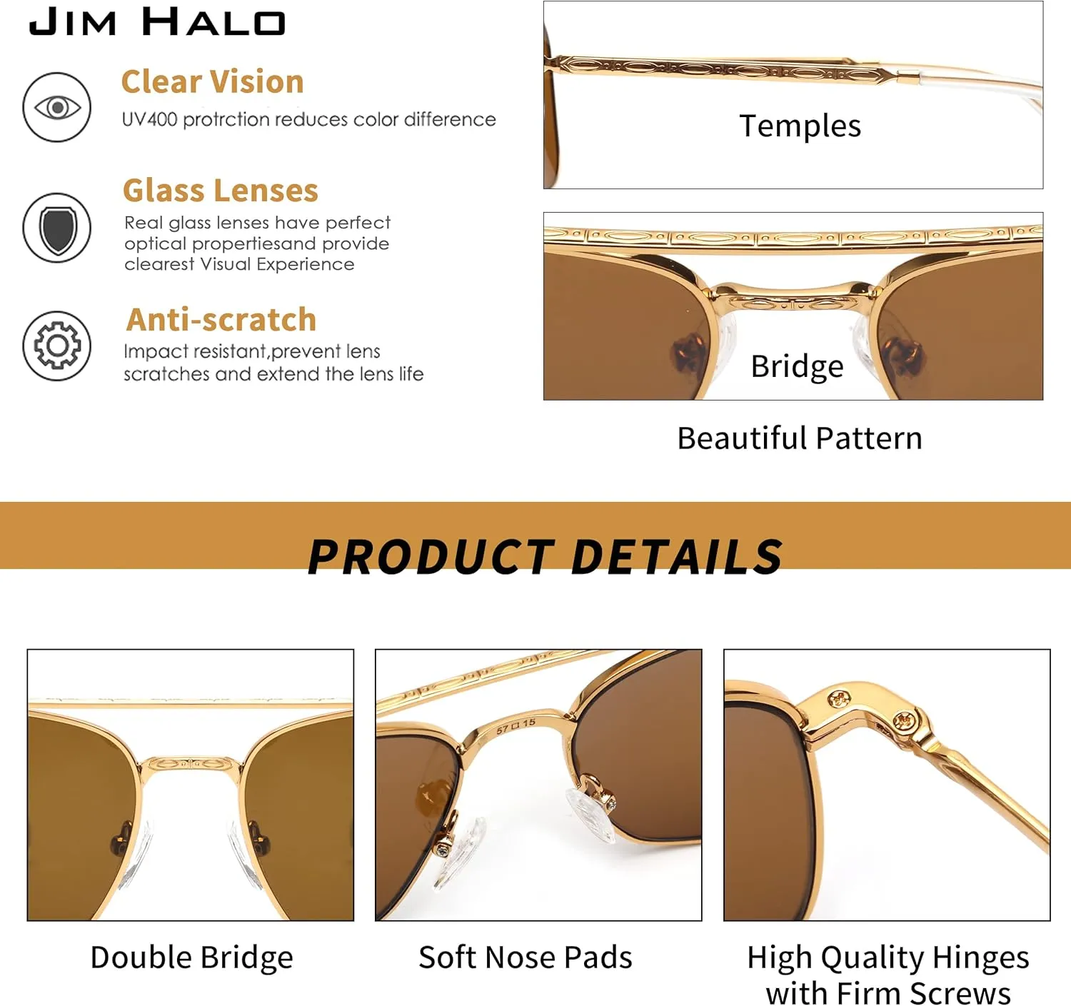 JIM HALO Retro Square Aviator Sunglasses Premium Glass Lens Flat Metal Eyewear Men Women