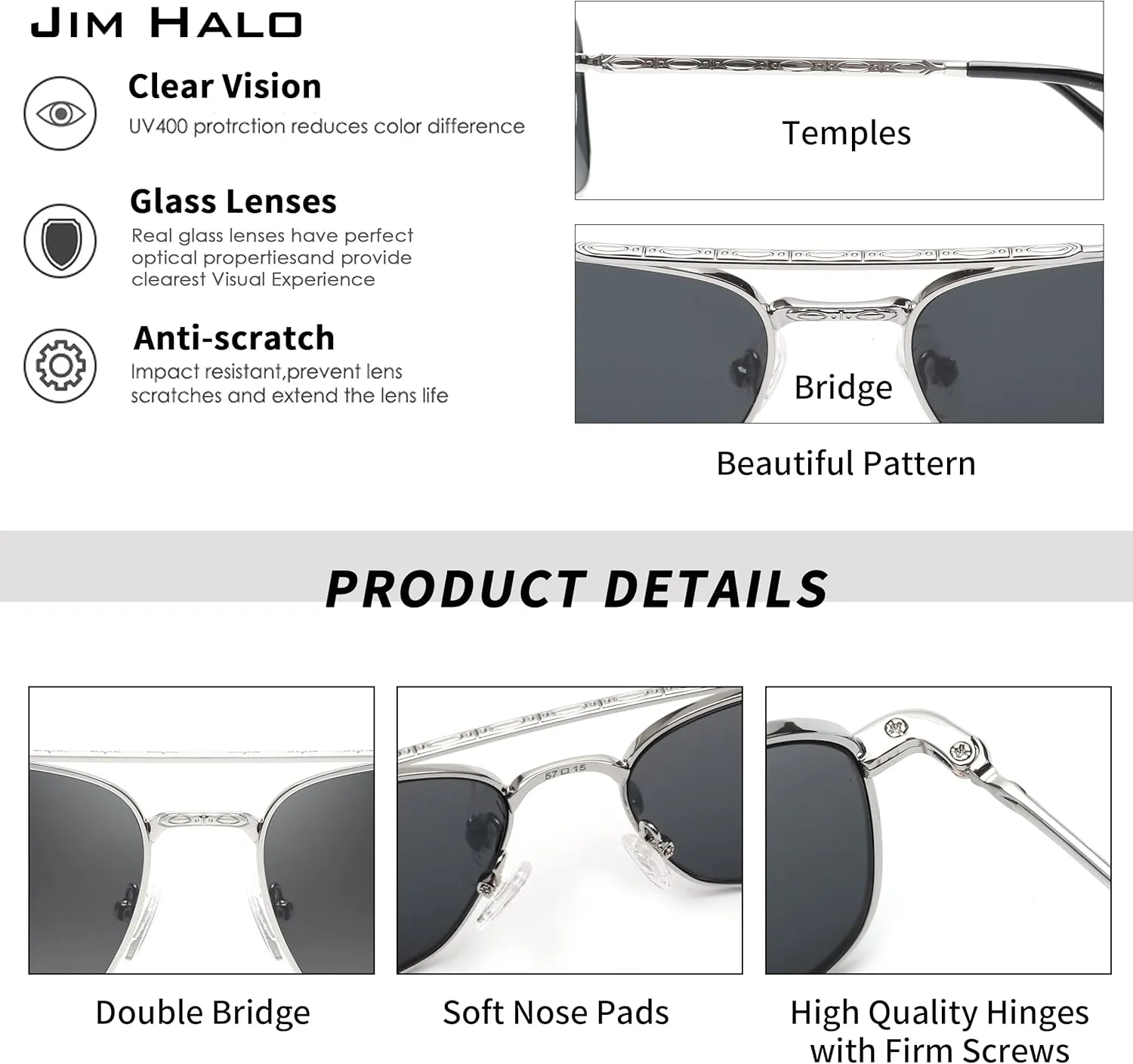 JIM HALO Retro Square Aviator Sunglasses Premium Glass Lens Flat Metal Eyewear Men Women