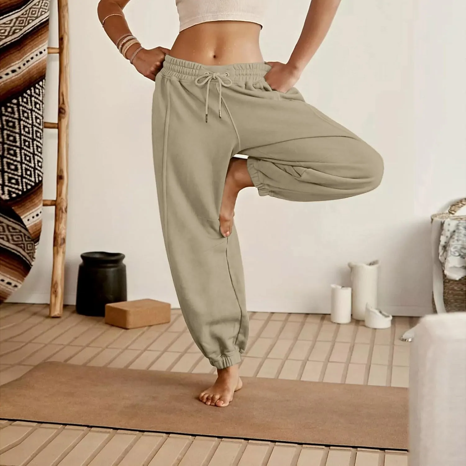 Jogger Pants for Women Elastic Waist Drawstring Fleece Sweatpants Y2k Comfy High Waisted Yoga Pants with Pockets