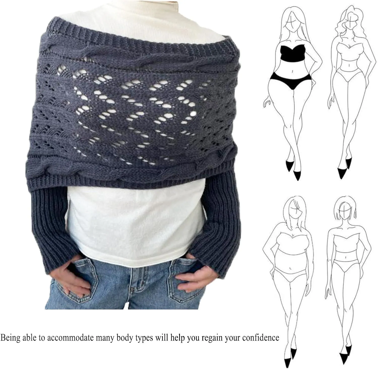 Knitted Cable Wrap,Shrugs for Women,Knitted Wrap,Scarf with Sleeves for Women,Sweater Scarf with Sleeves(Black)