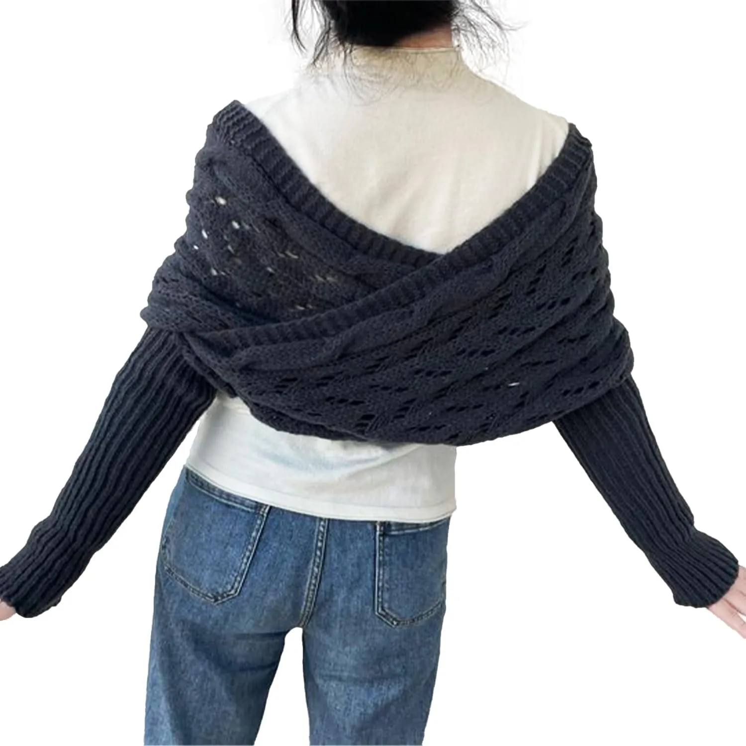 Knitted Cable Wrap,Shrugs for Women,Knitted Wrap,Scarf with Sleeves for Women,Sweater Scarf with Sleeves(Black)