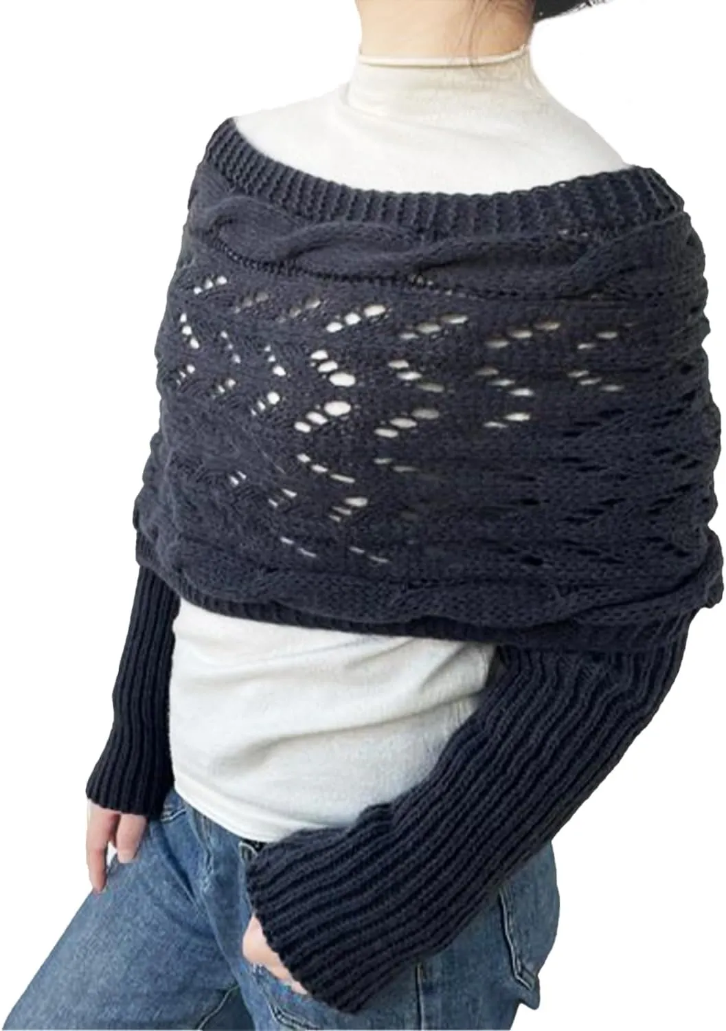 Knitted Cable Wrap,Shrugs for Women,Knitted Wrap,Scarf with Sleeves for Women,Sweater Scarf with Sleeves(Black)
