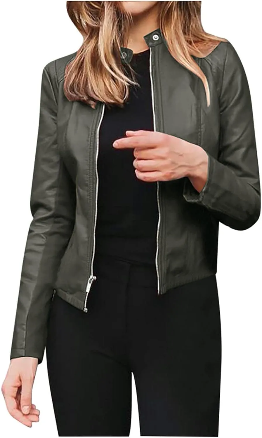 LCMTWX Brown Jacket Women Full Zip Snap Stand Collar Long Sleeve Outwear Cool Slim Jacket Coat for Vacation Daily Biker