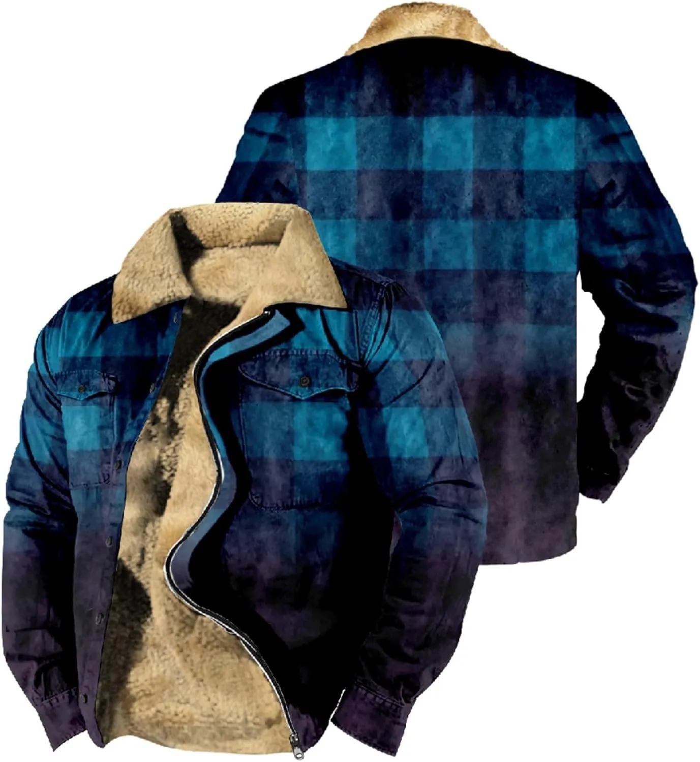 LCMTWX Fleece Plaid Flannel Jacket Pocket Hooded Padded Loose Shirt Top Jacket Coats Shirt Plaid Cotton Hoodies Men Plus