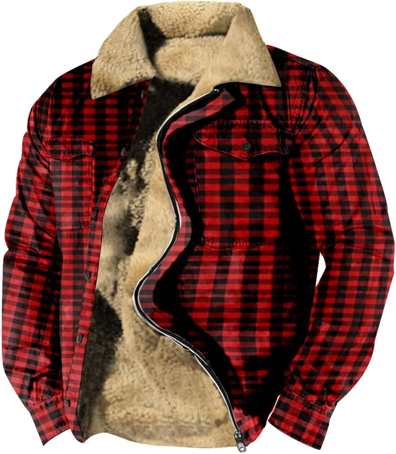 LCMTWX Men's Flannel Jackets Plaid Pocket Hooded Padded Loose Shirt Top Jacket Coats Lined Hooded Plaid Shirt Jacket Fleece