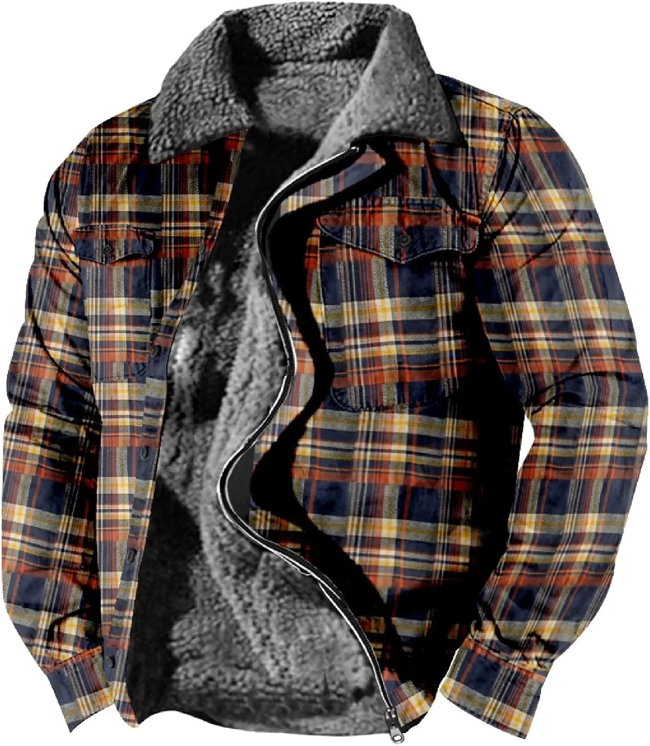 LCMTWX Men's Flannel Jackets Plaid Pocket Hooded Padded Loose Shirt Top Jacket Coats Lined Hooded Plaid Shirt Jacket Fleece