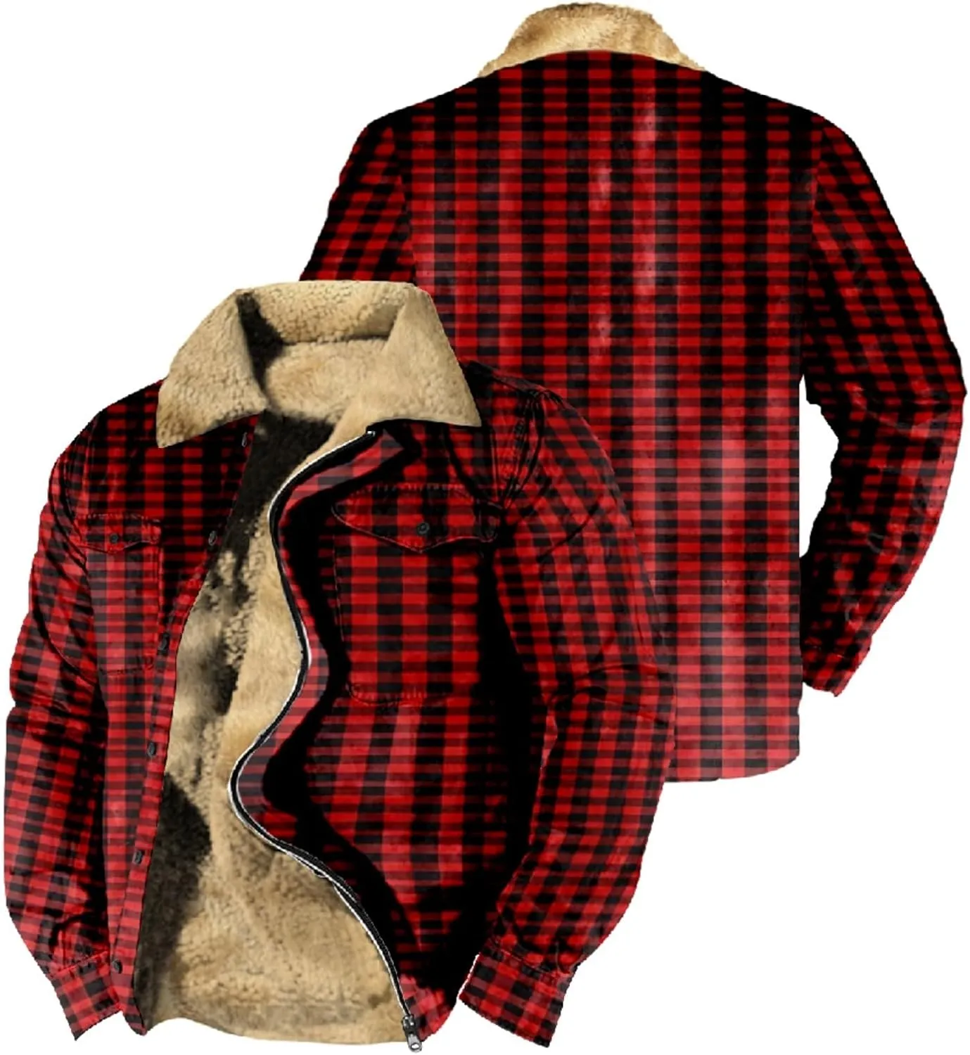 LCMTWX Men's Flannel Jackets Plaid Pocket Hooded Padded Loose Shirt Top Jacket Coats Lined Hooded Plaid Shirt Jacket Fleece