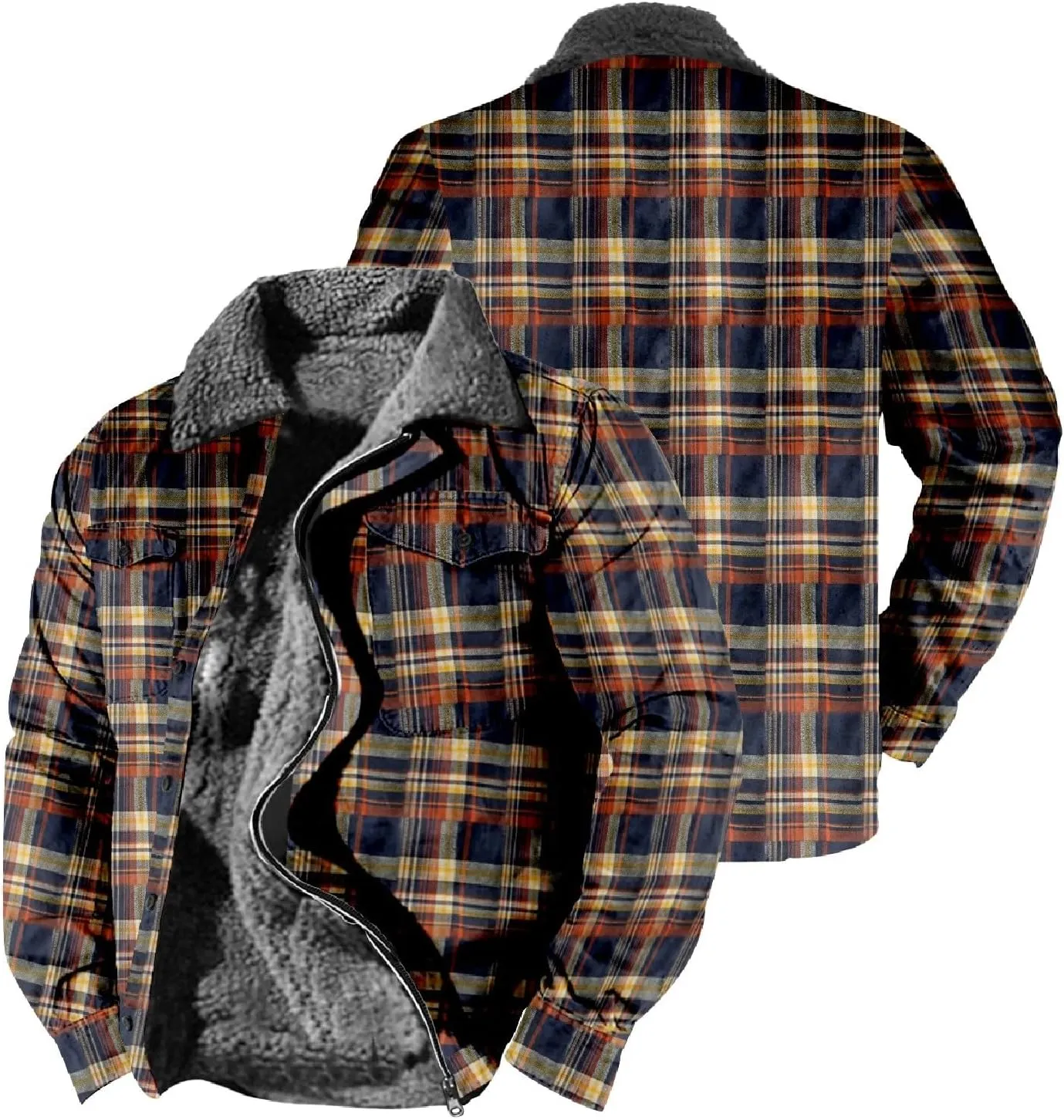 LCMTWX Men's Flannel Jackets Plaid Pocket Hooded Padded Loose Shirt Top Jacket Coats Lined Hooded Plaid Shirt Jacket Fleece
