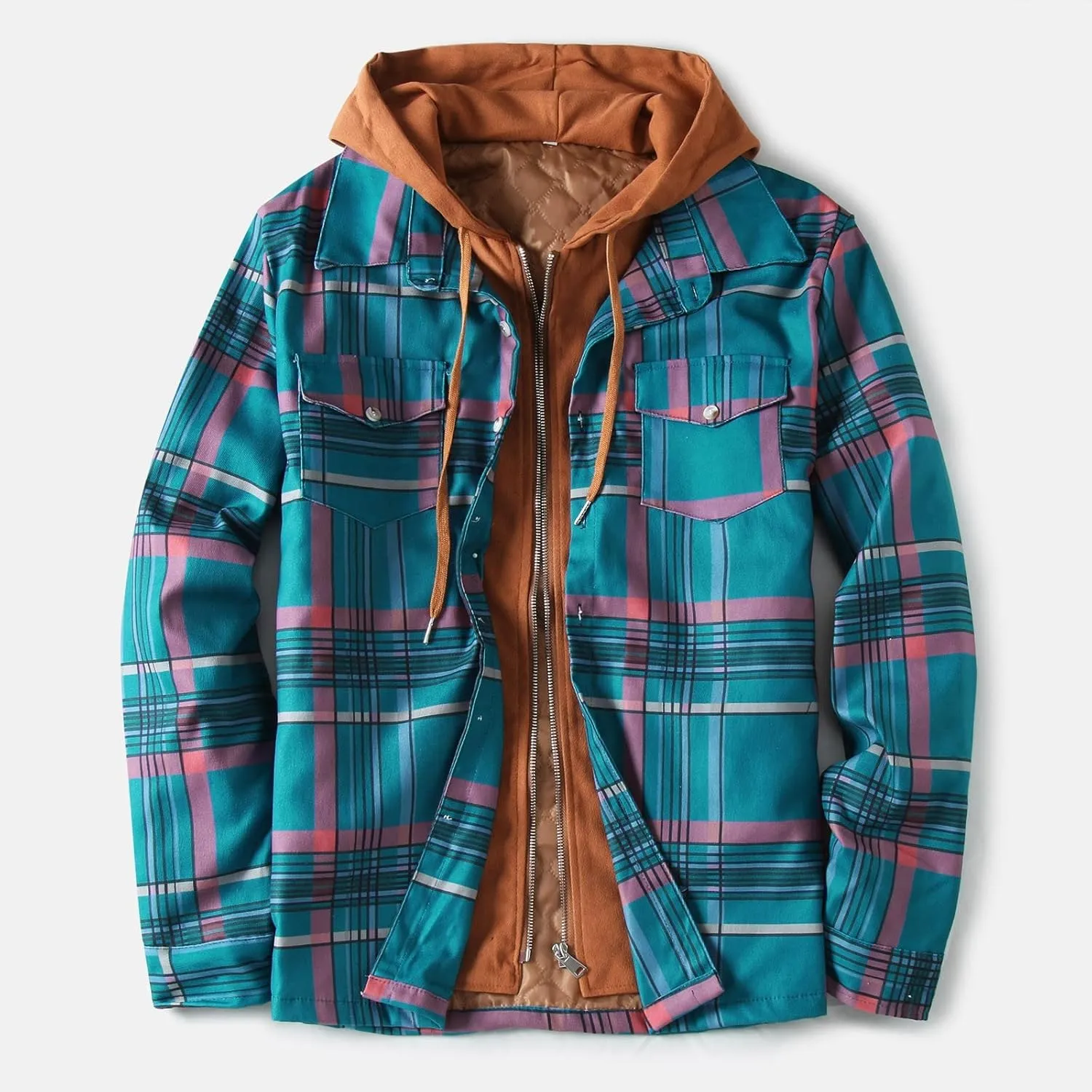 LCMTWX Men's Plaid Hooded Shirts Plaid Print Hooded Zipper Pocket Long Sleeve Shirt Patchwork Jacket Lightweight Shirt