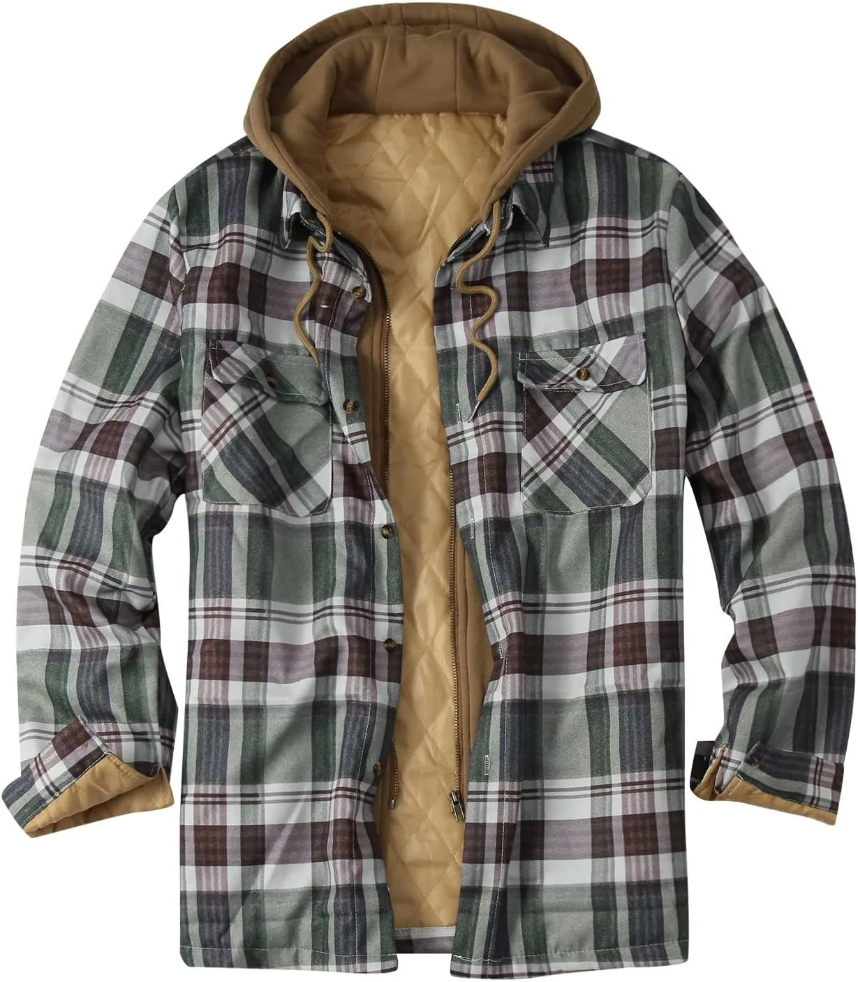 LCMTWX Men's Plaid Hooded Shirts Plaid Print Hooded Zipper Pocket Long Sleeve Shirt Patchwork Jacket Lightweight Shirt