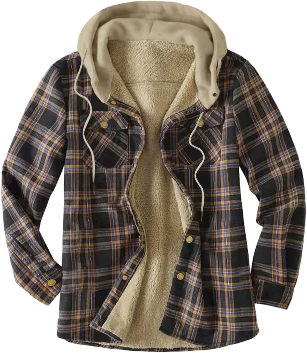 LCMTWX Men's Plaid Hooded Shirts Plaid Print Hooded Zipper Pocket Long Sleeve Shirt Patchwork Jacket Lightweight Shirt