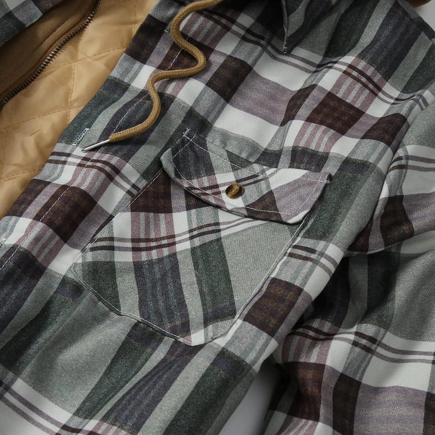 LCMTWX Men's Plaid Hooded Shirts Plaid Print Hooded Zipper Pocket Long Sleeve Shirt Patchwork Jacket Lightweight Shirt