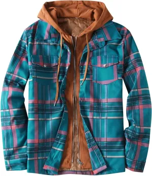 LCMTWX Men's Plaid Hooded Shirts Plaid Print Hooded Zipper Pocket Long Sleeve Shirt Patchwork Jacket Lightweight Shirt