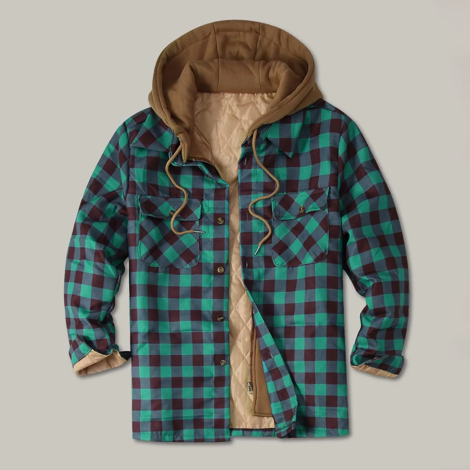 LCMTWX Men's Plaid Hooded Shirts Plaid Print Hooded Zipper Pocket Long Sleeve Shirt Patchwork Jacket Lightweight Shirt