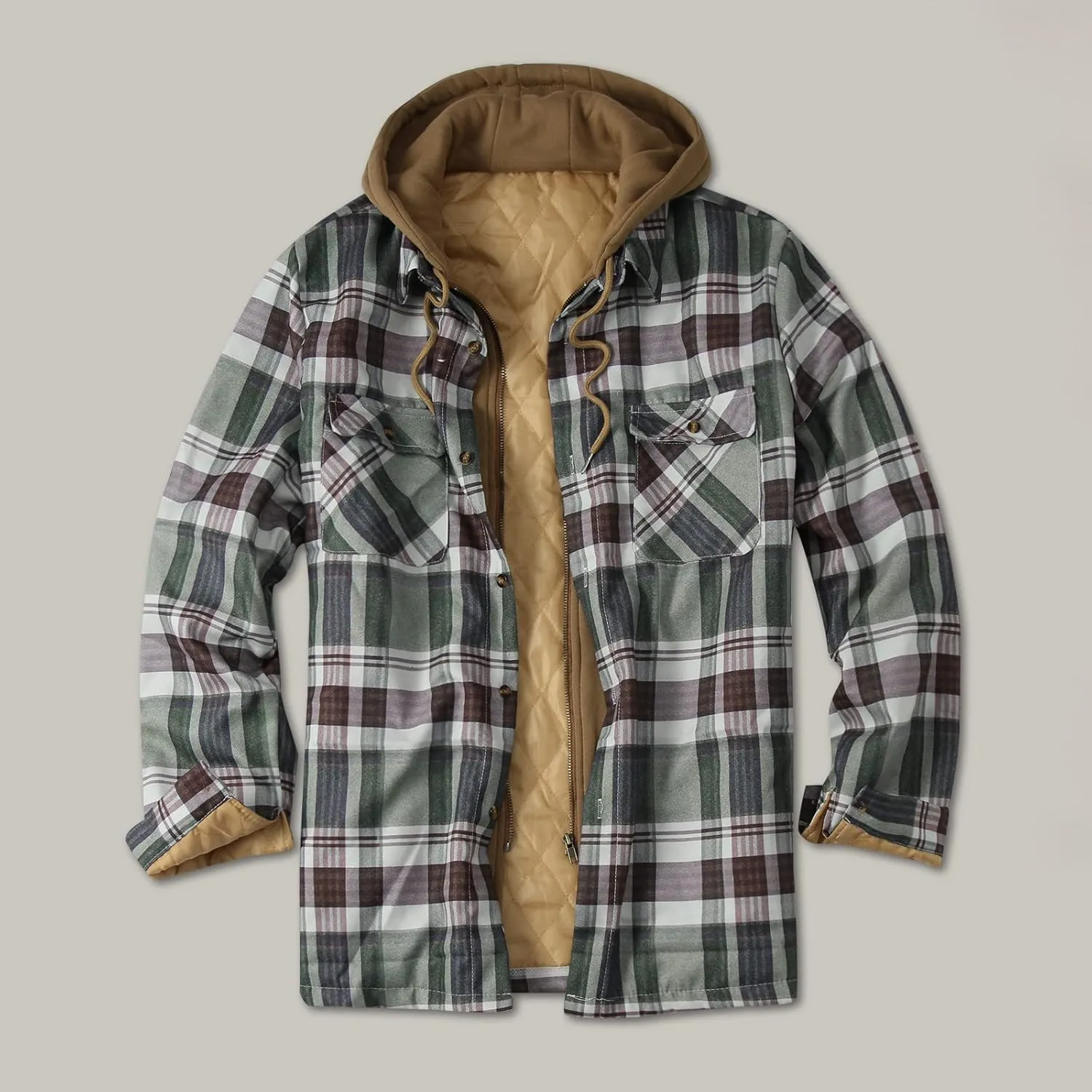 LCMTWX Men's Plaid Hooded Shirts Plaid Print Hooded Zipper Pocket Long Sleeve Shirt Patchwork Jacket Lightweight Shirt