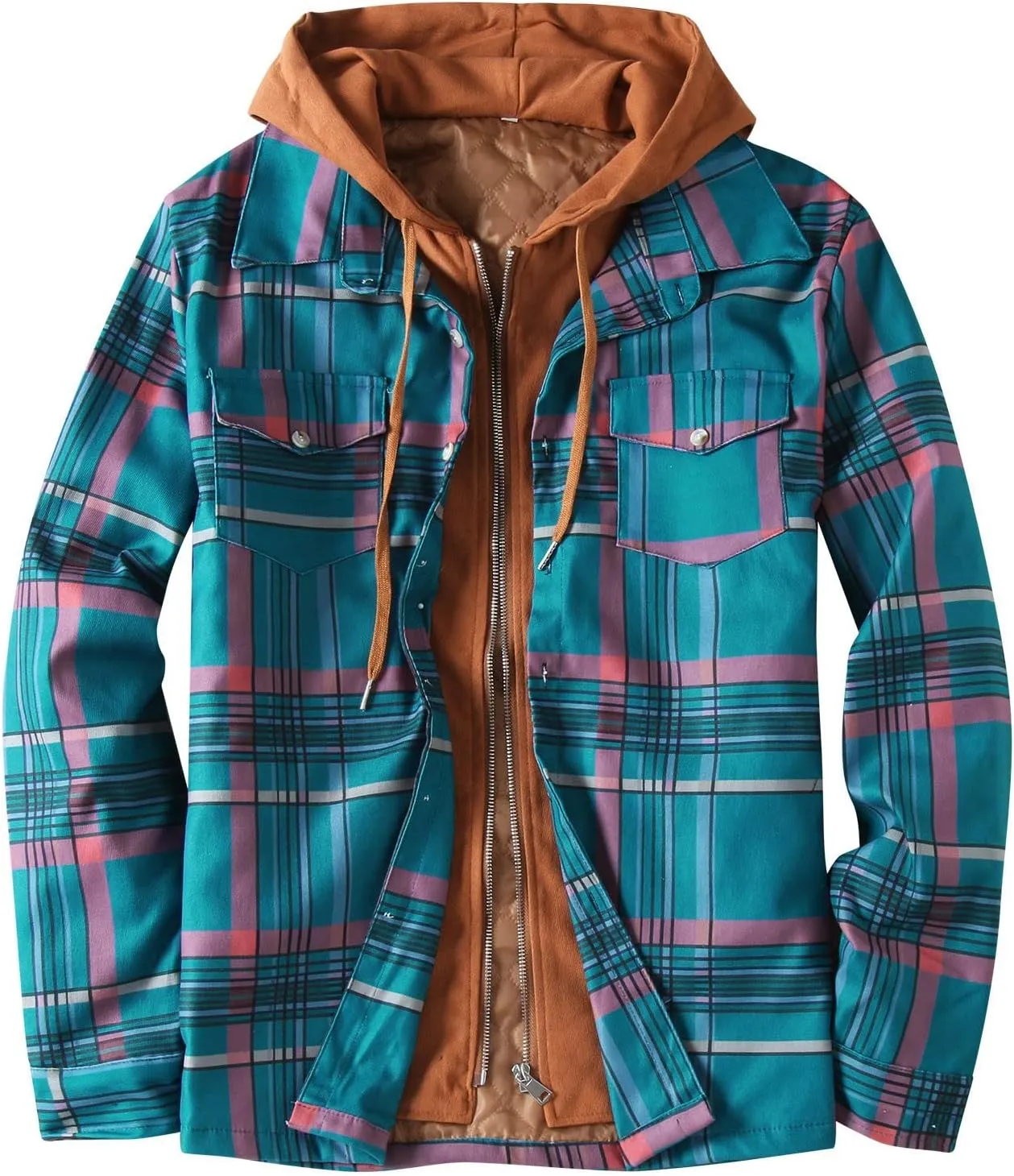 LCMTWX Men's Plaid Hooded Shirts Plaid Print Hooded Zipper Pocket Long Sleeve Shirt Patchwork Jacket Lightweight Shirt
