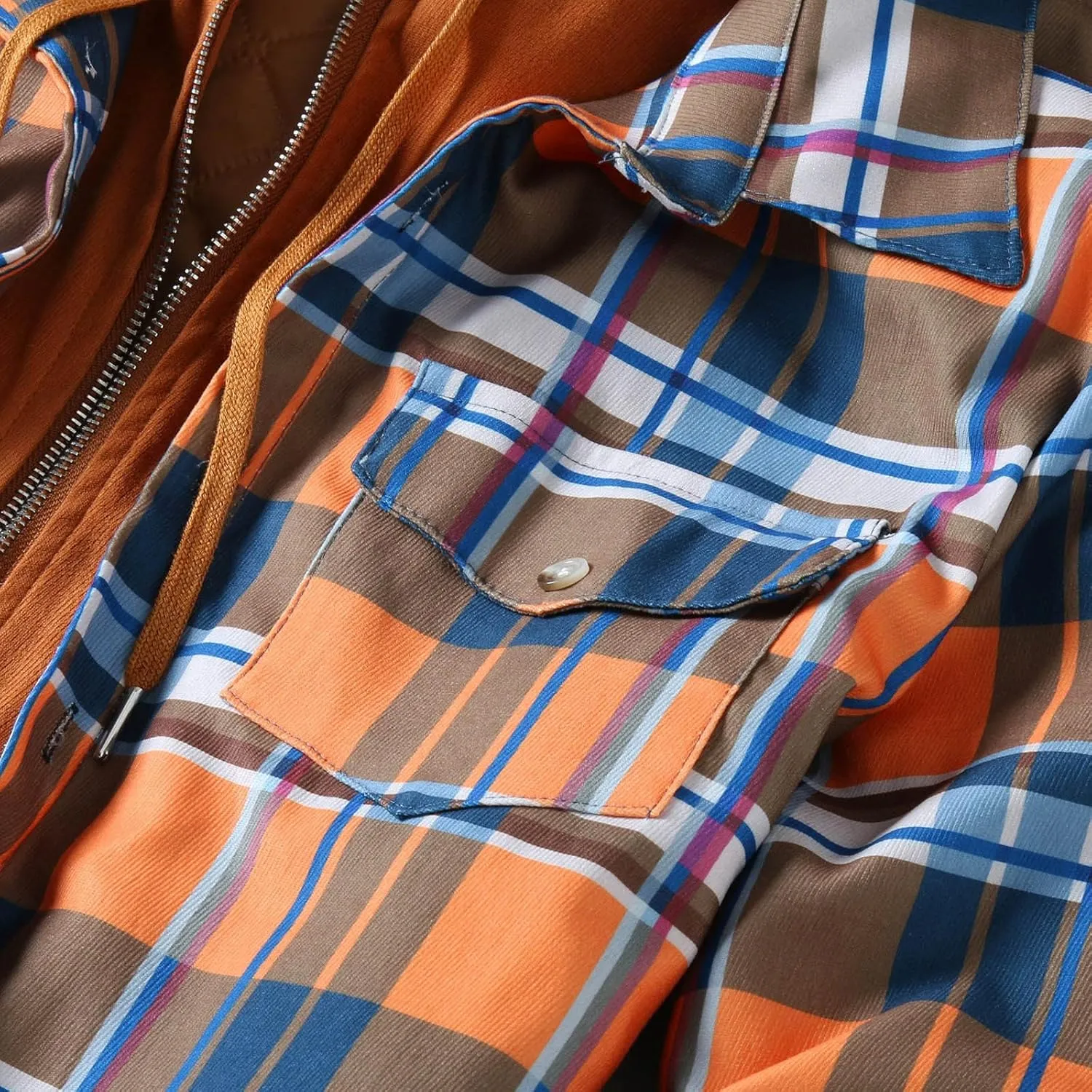 LCMTWX Men's Plaid Hooded Shirts Plaid Print Lapel Button Down Pocket Long Sleeve Shirt Patchwork Jacket Thickened ​Coat