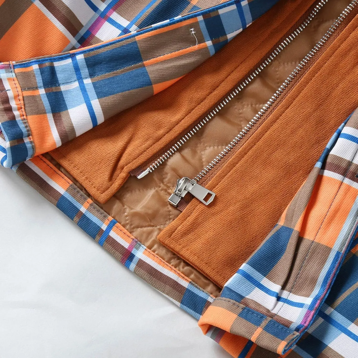 LCMTWX Men's Plaid Hooded Shirts Plaid Print Lapel Button Down Pocket Long Sleeve Shirt Patchwork Jacket Thickened ​Coat