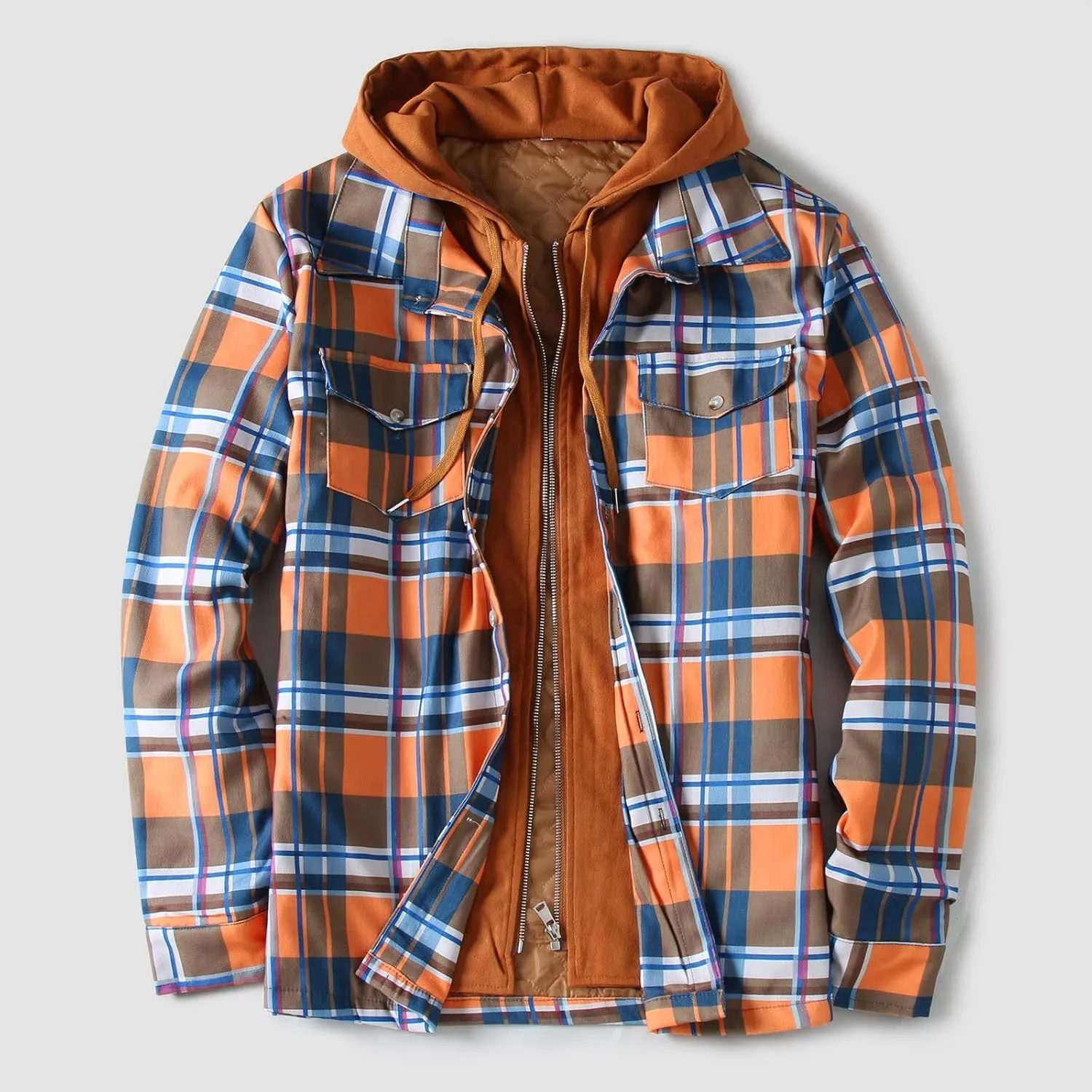 LCMTWX Men's Plaid Hooded Shirts Plaid Print Lapel Button Down Pocket Long Sleeve Shirt Patchwork Jacket Thickened ​Coat