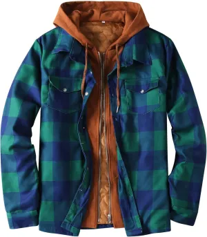 LCMTWX Men's Plaid Hooded Shirts Plaid Print Lapel Button Down Pocket Long Sleeve Shirt Patchwork Jacket Thickened ​Coat