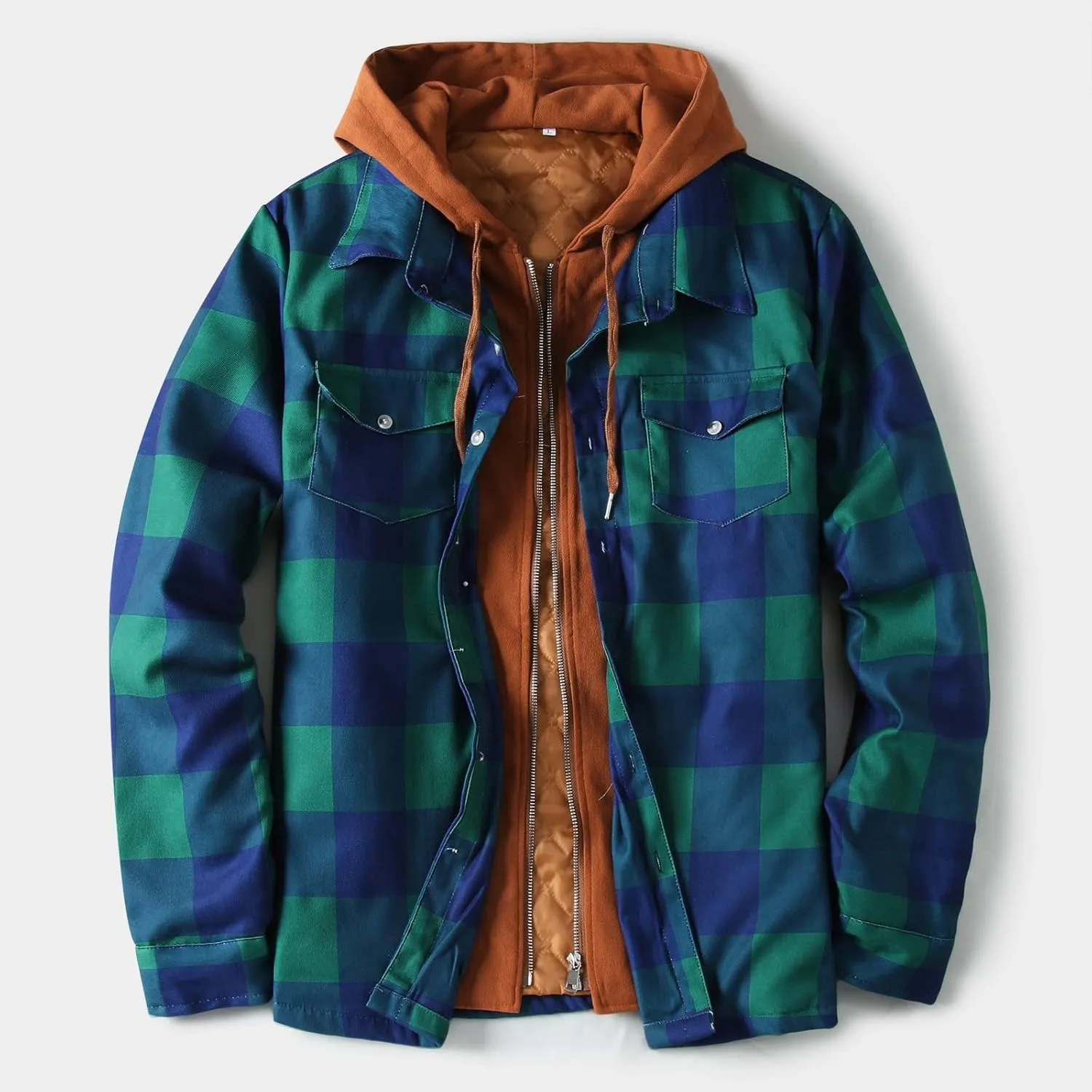 LCMTWX Men's Plaid Hooded Shirts Plaid Print Lapel Button Down Pocket Long Sleeve Shirt Patchwork Jacket Thickened ​Coat