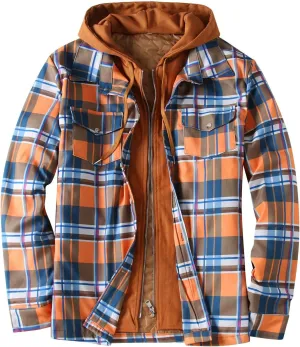 LCMTWX Men's Plaid Hooded Shirts Plaid Print Lapel Button Down Pocket Long Sleeve Shirt Patchwork Jacket Thickened ​Coat