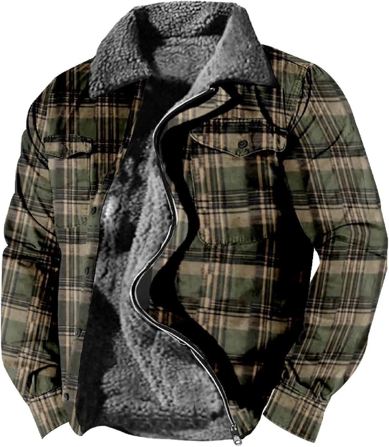 LCMTWX Men's Plaid Hooded Shirts Plaid Print Lapel Button Down Pocket Long Sleeve Shirt Patchwork Jacket Thickened ​Coat