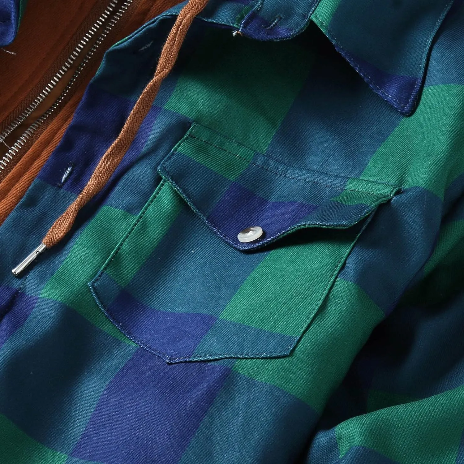 LCMTWX Men's Plaid Hooded Shirts Plaid Print Lapel Button Down Pocket Long Sleeve Shirt Patchwork Jacket Thickened ​Coat