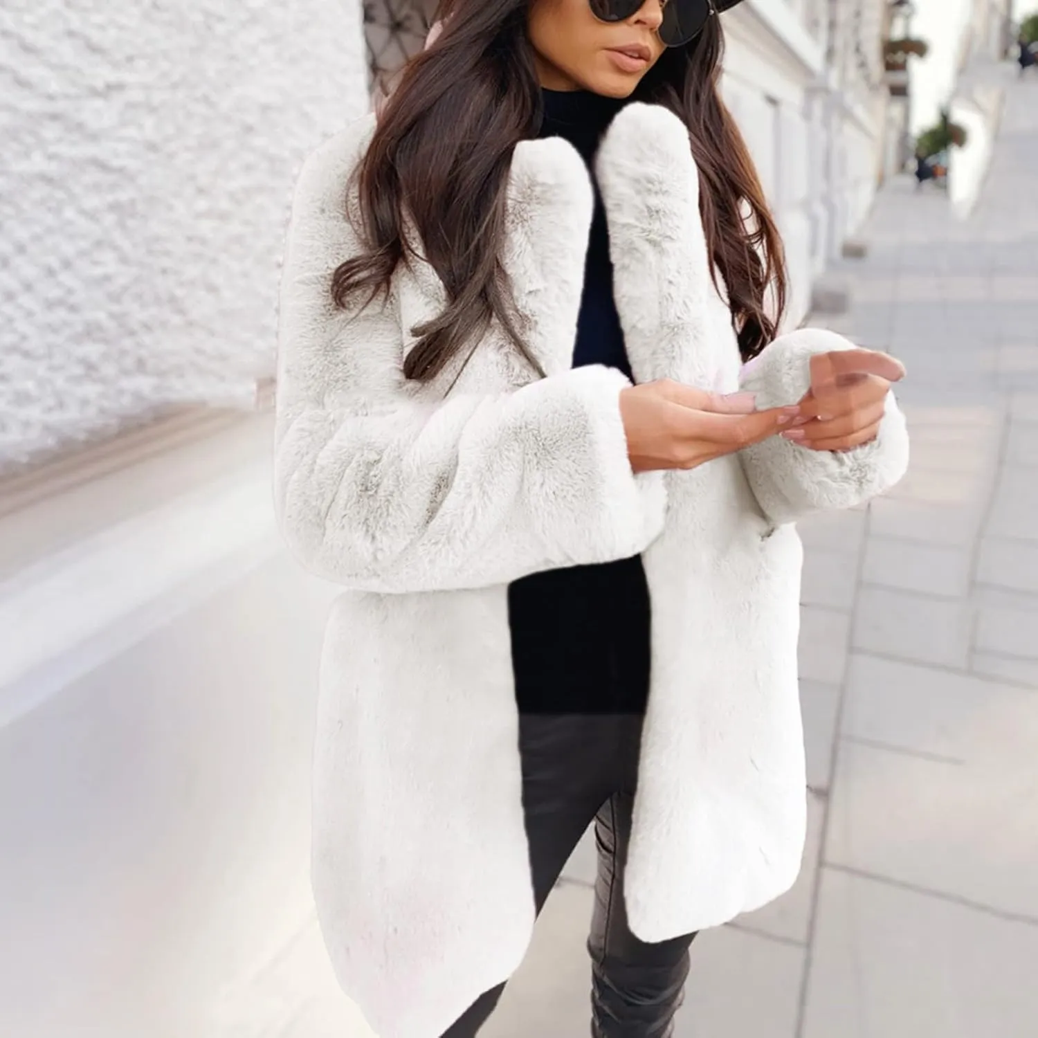 LCMTWX Winter Coats for Women Furry Women Long Jacket Faux Sleeve Short Warm Women's Coat Shaggy Coat Open Front White Faux