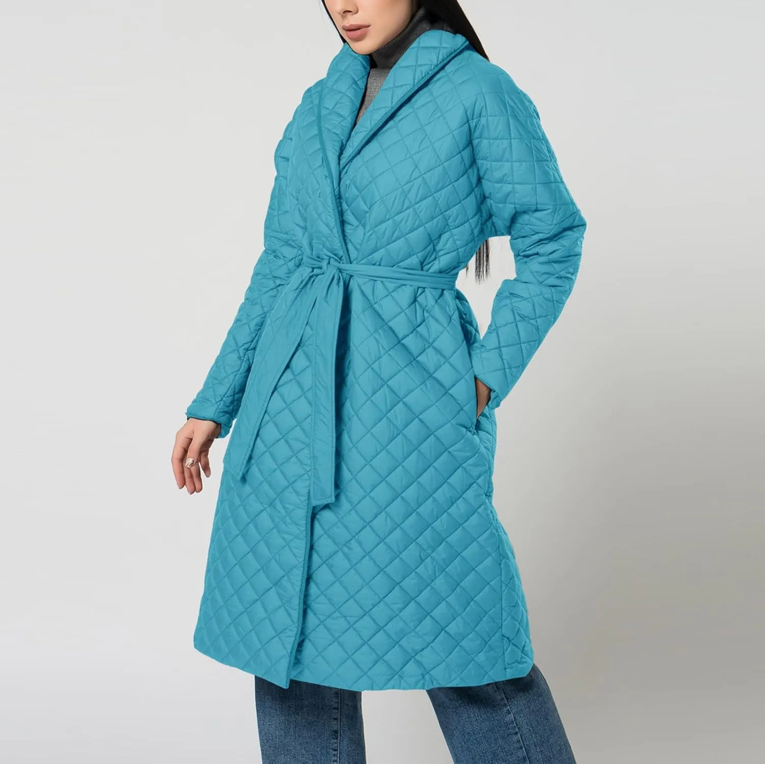 lcziwo Women's Oversized Quilted Coat Diamond Plaid Wrap Waist Puffer Jacket Winter Warm Casual Long down Coat with Belt