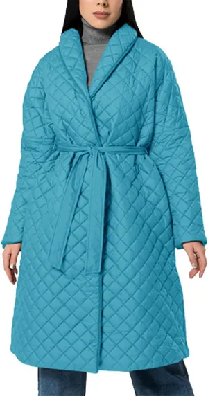 lcziwo Women's Oversized Quilted Coat Diamond Plaid Wrap Waist Puffer Jacket Winter Warm Casual Long down Coat with Belt