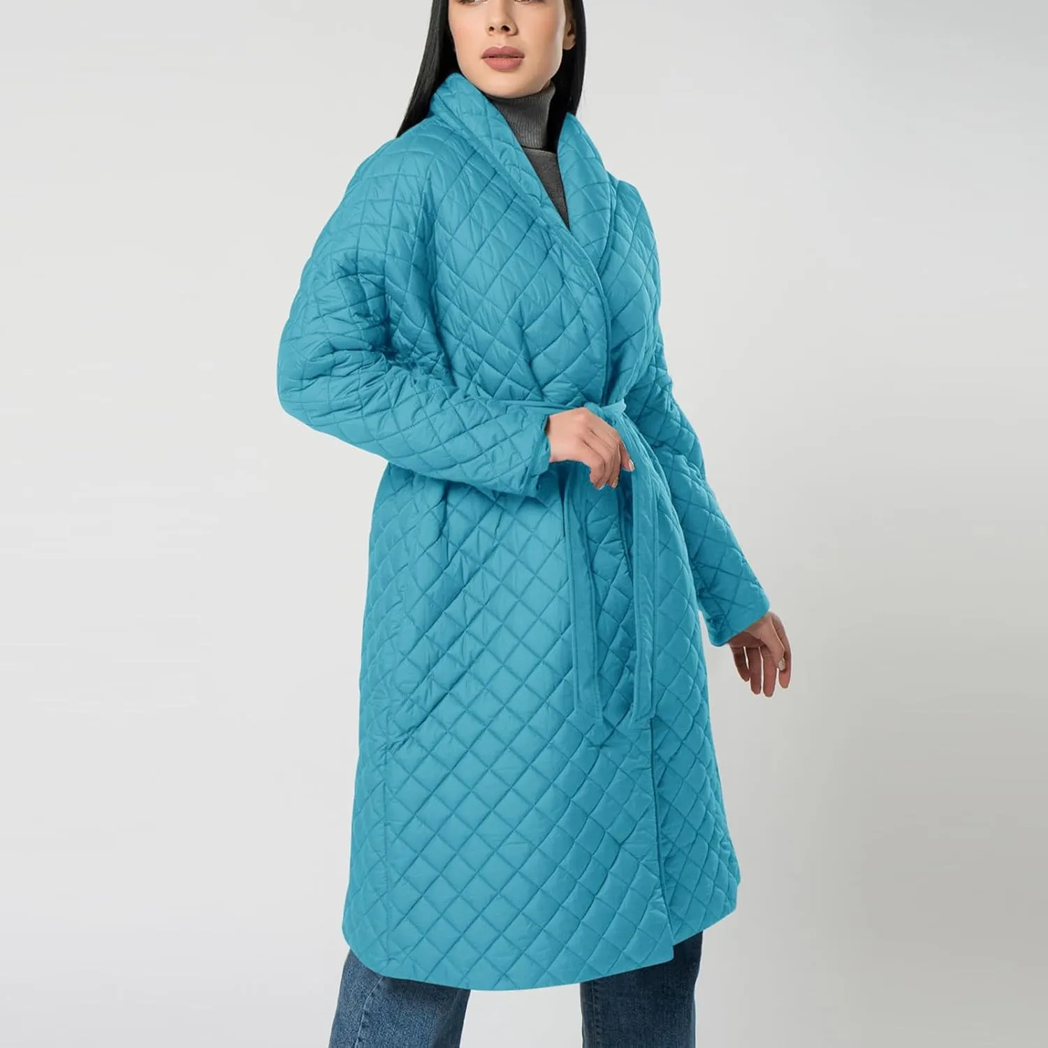 lcziwo Women's Oversized Quilted Coat Diamond Plaid Wrap Waist Puffer Jacket Winter Warm Casual Long down Coat with Belt