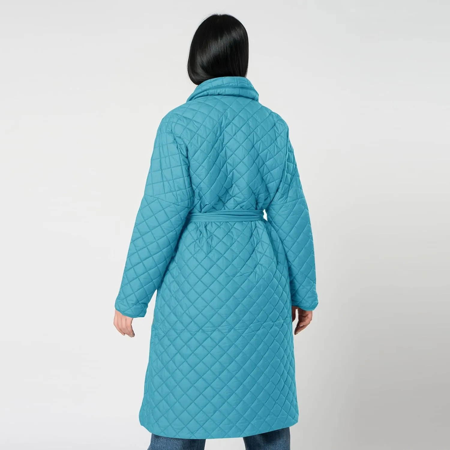 lcziwo Women's Oversized Quilted Coat Diamond Plaid Wrap Waist Puffer Jacket Winter Warm Casual Long down Coat with Belt