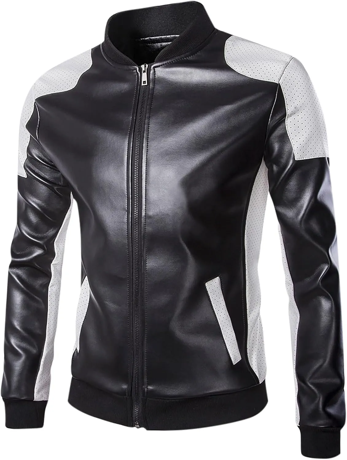 Leather Jacket Men Color Block Motorcycle Jacket Waterproof Biker Jacket Zip up PU Leather Moto Jacket Winter Coat