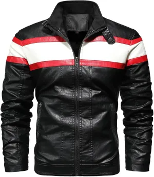 Leather Jacket Men Color Block Motorcycle Jacket Waterproof Biker Jacket Zip up PU Leather Moto Jacket Winter Coat