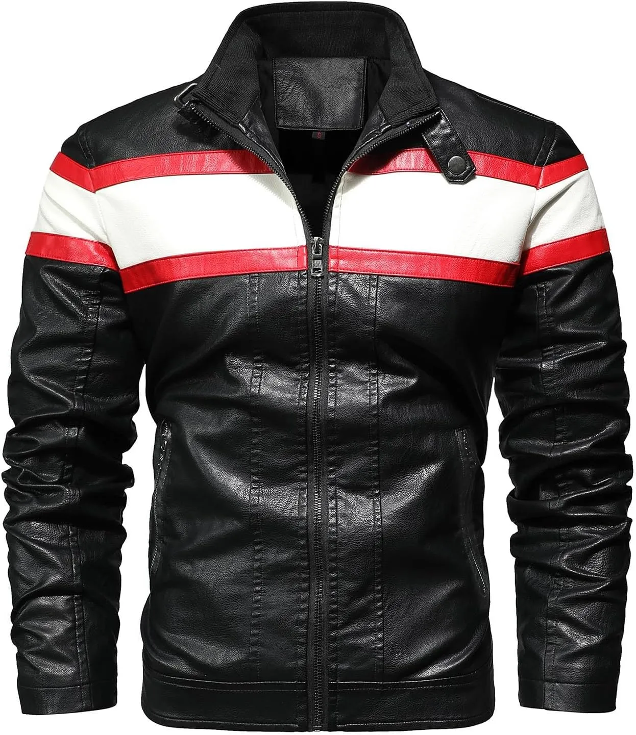 Leather Jacket Men Color Block Motorcycle Jacket Waterproof Biker Jacket Zip up PU Leather Moto Jacket Winter Coat
