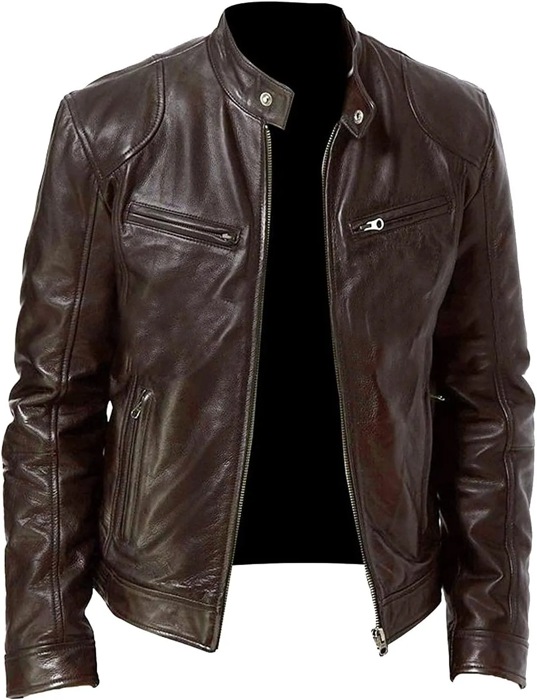 Leather Jacket Men Plus Size Zip Up Stand Collar Jackets Casual Faux Leather Motocycle Coats Cool Outwear With Pockets