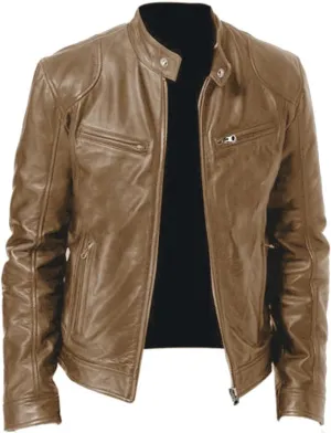Leather Jacket Men Plus Size Zip Up Stand Collar Jackets Casual Faux Leather Motocycle Coats Cool Outwear With Pockets