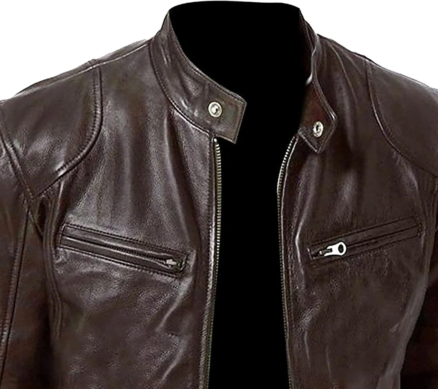 Leather Jacket Men Plus Size Zip Up Stand Collar Jackets Casual Faux Leather Motocycle Coats Cool Outwear With Pockets