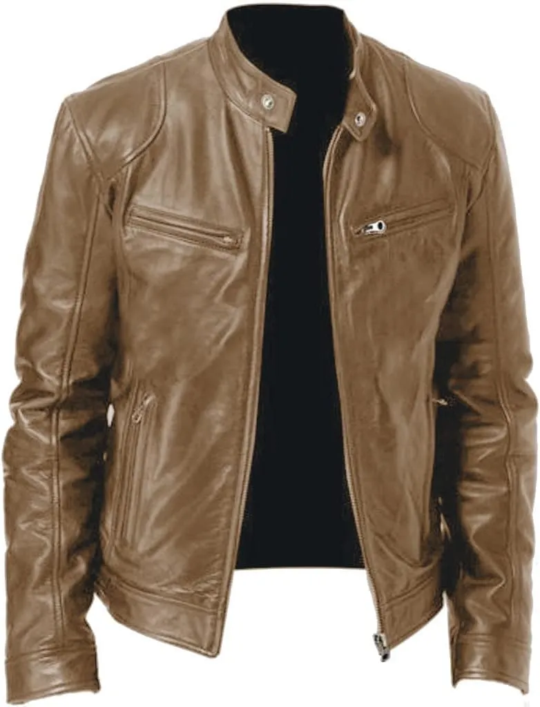 Leather Jacket Men Plus Size Zip Up Stand Collar Jackets Casual Faux Leather Motocycle Coats Cool Outwear With Pockets
